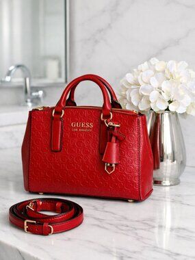 Red Guess Los Angeles Embossed Satchel Crossbody Bag Gold Hardware
